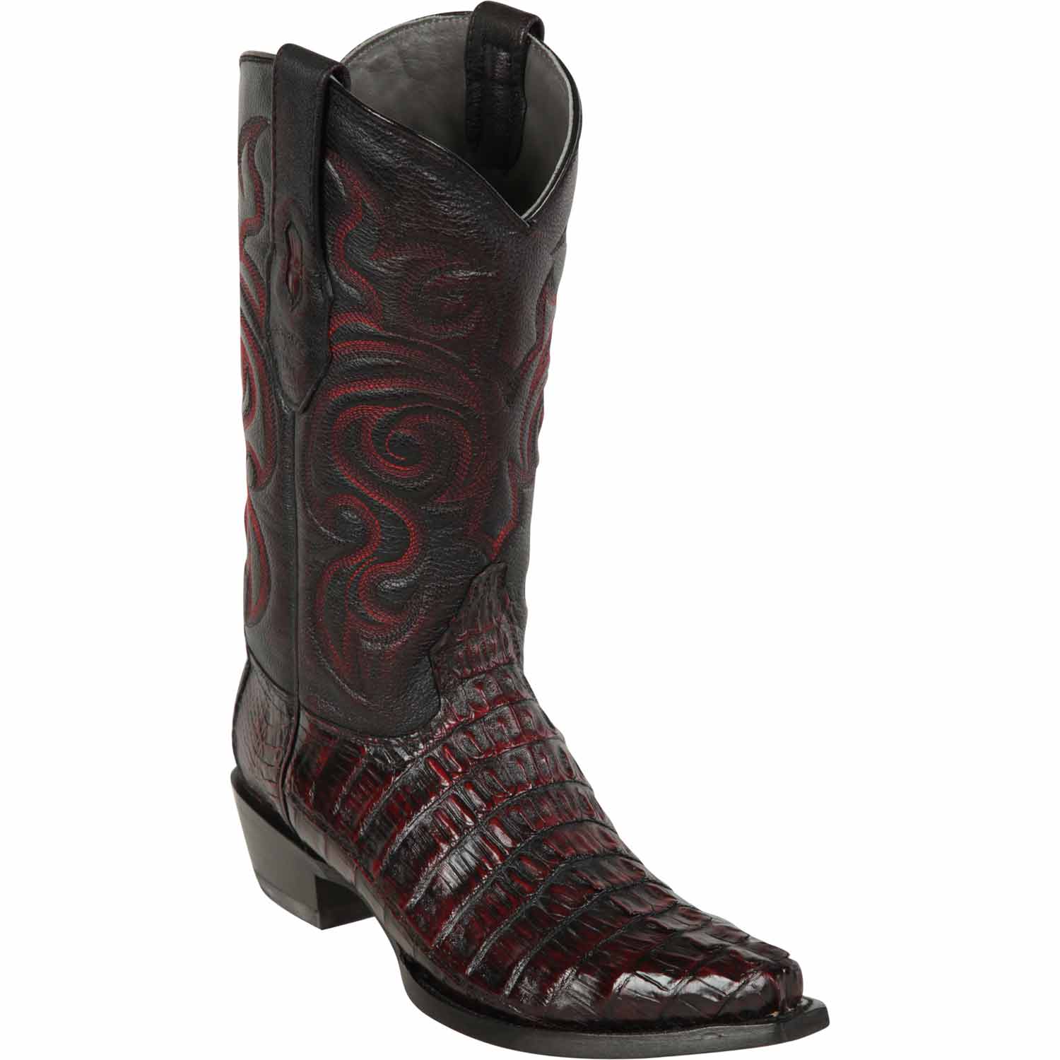 Western Genuine Caiman Tail Snip Toe Boots Black Cherry Color - Los Altos Boots - Side View 