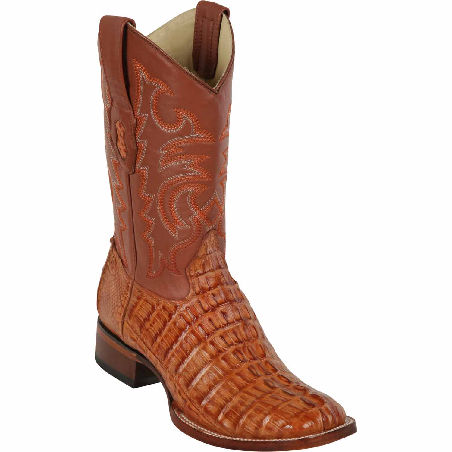Western Genuine Caiman Tail Skin Rodeo Wide Square Toe Boots Cognac Color - Los Altos Boots - SIde View 
