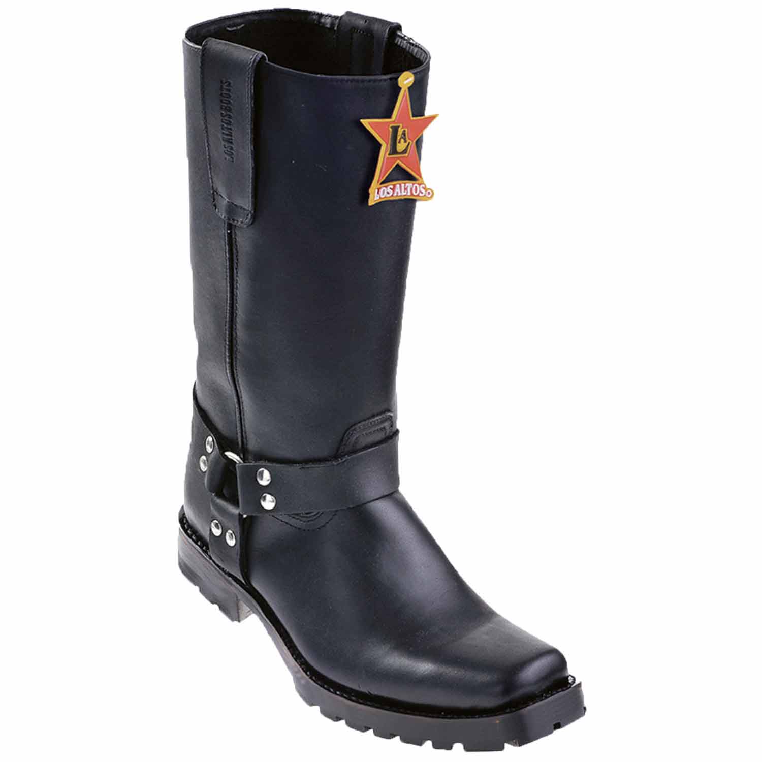Western Genuine Grasso Leather Biker Boots Black Color - Los Altos Boots - Side View
