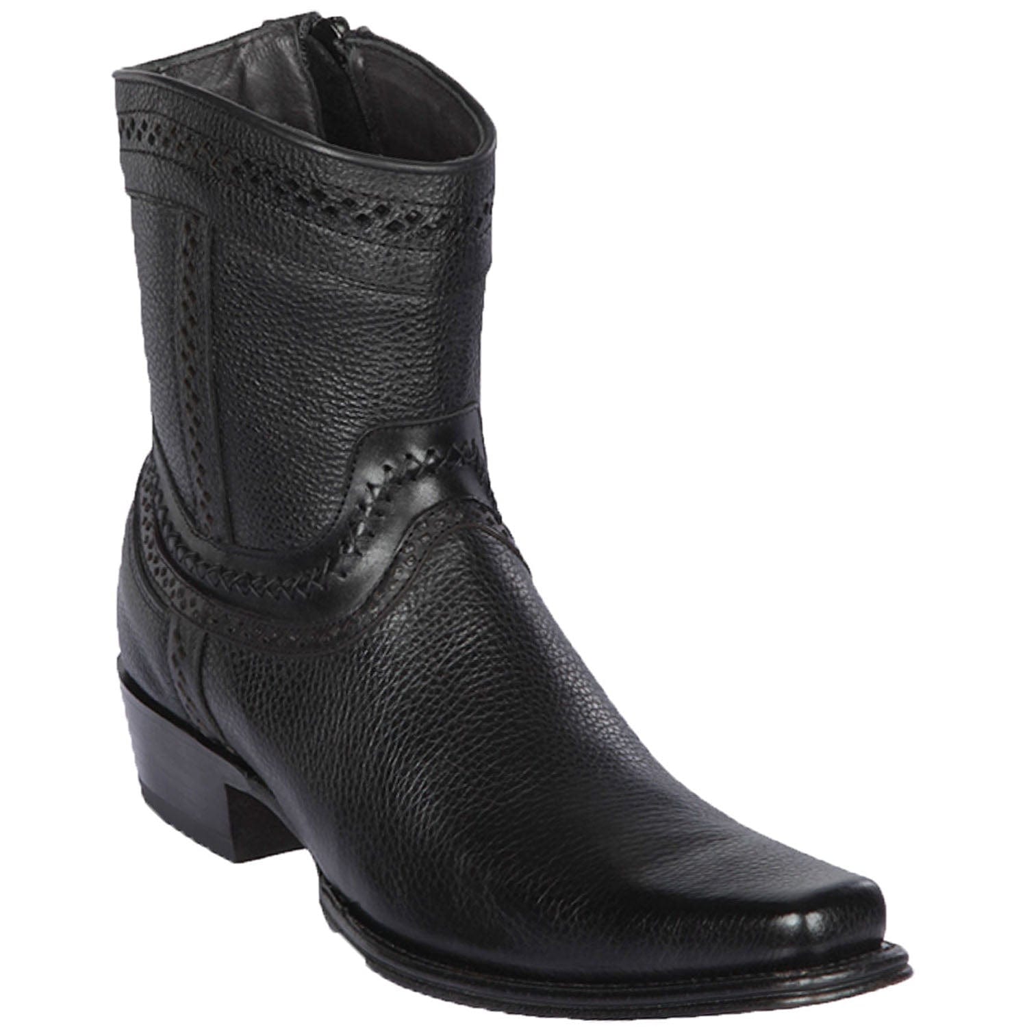 Men's Genuine Grisly Leather European Square Toe Short Boots With Zipper Black Color - Los Altos Boots