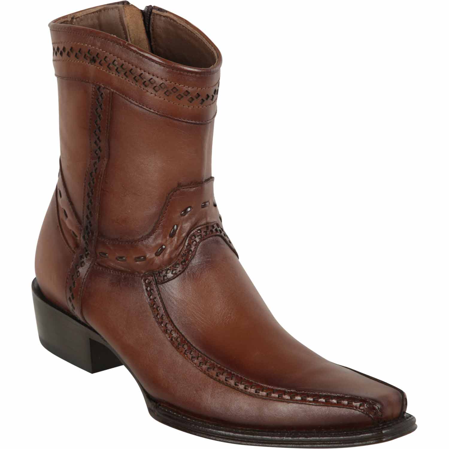 Men's Genuine Pull Up Leather European Square Toe Short Boots With Zipper Faded Brown Color - Los Altos Boots