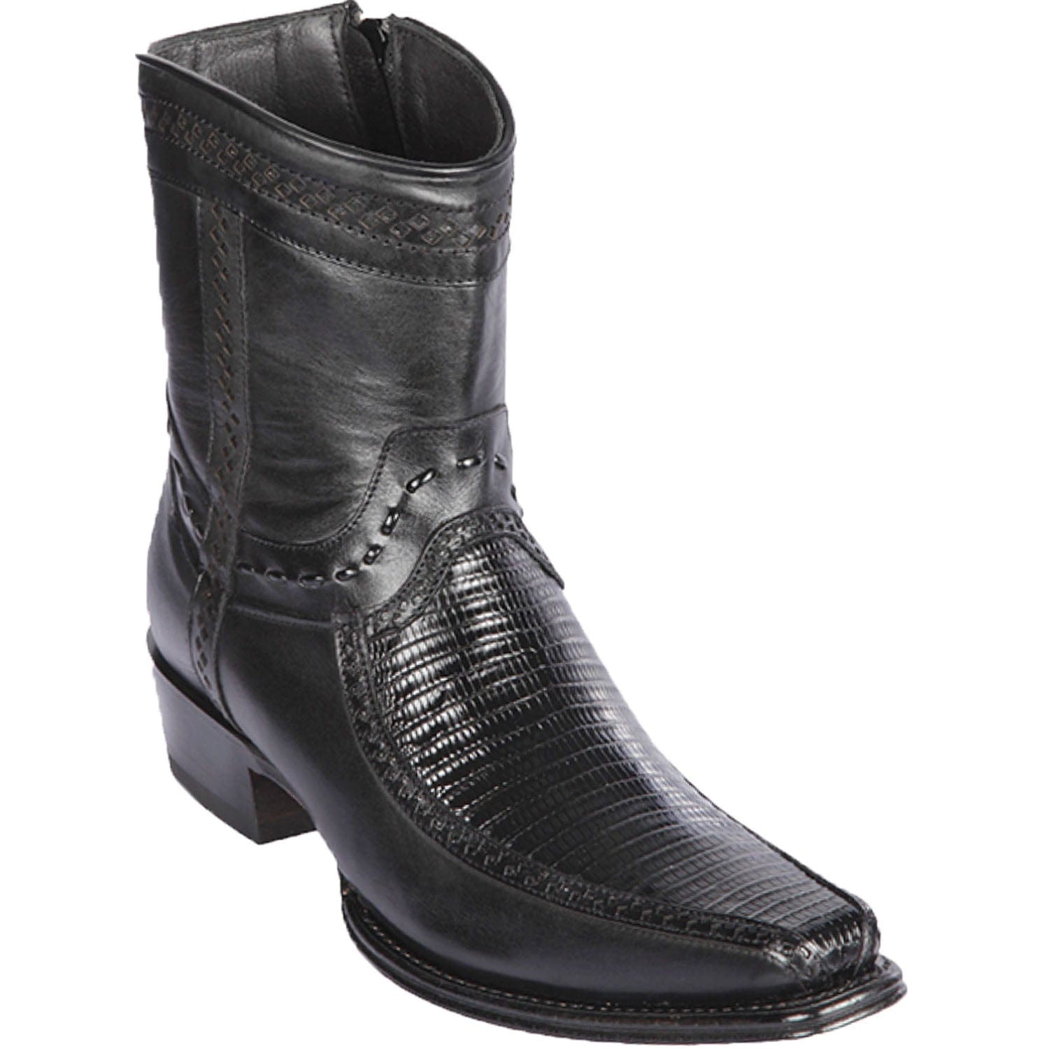 Men's Genuine Teju Lizard and Deer Skin European Square Toe Short Boots With Zipper Black Color - Los Altos Boots