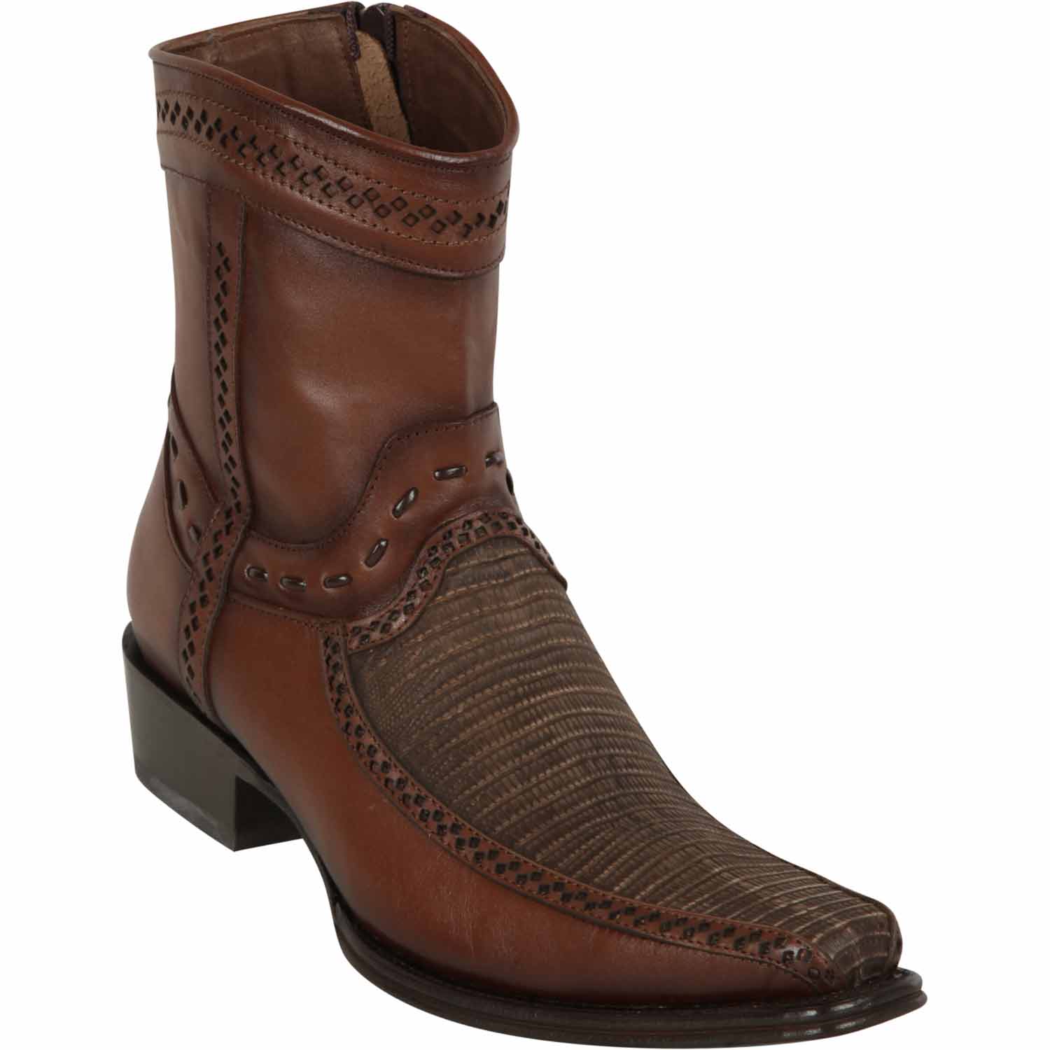 Men's Genuine Teju Lizard and Deer Skin European Square Toe Short Boots With Zipper Sanded Brown Color - Los Altos Boots