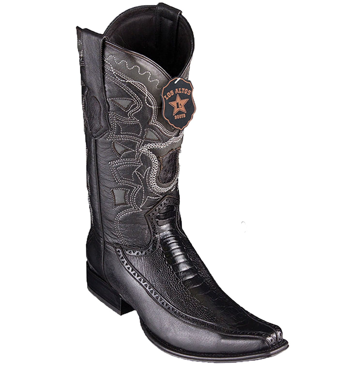 Men's Genuine Ostrich Leg and Deer Skin European Square Toe Boots Black Color - Los Altos boots  - Side View