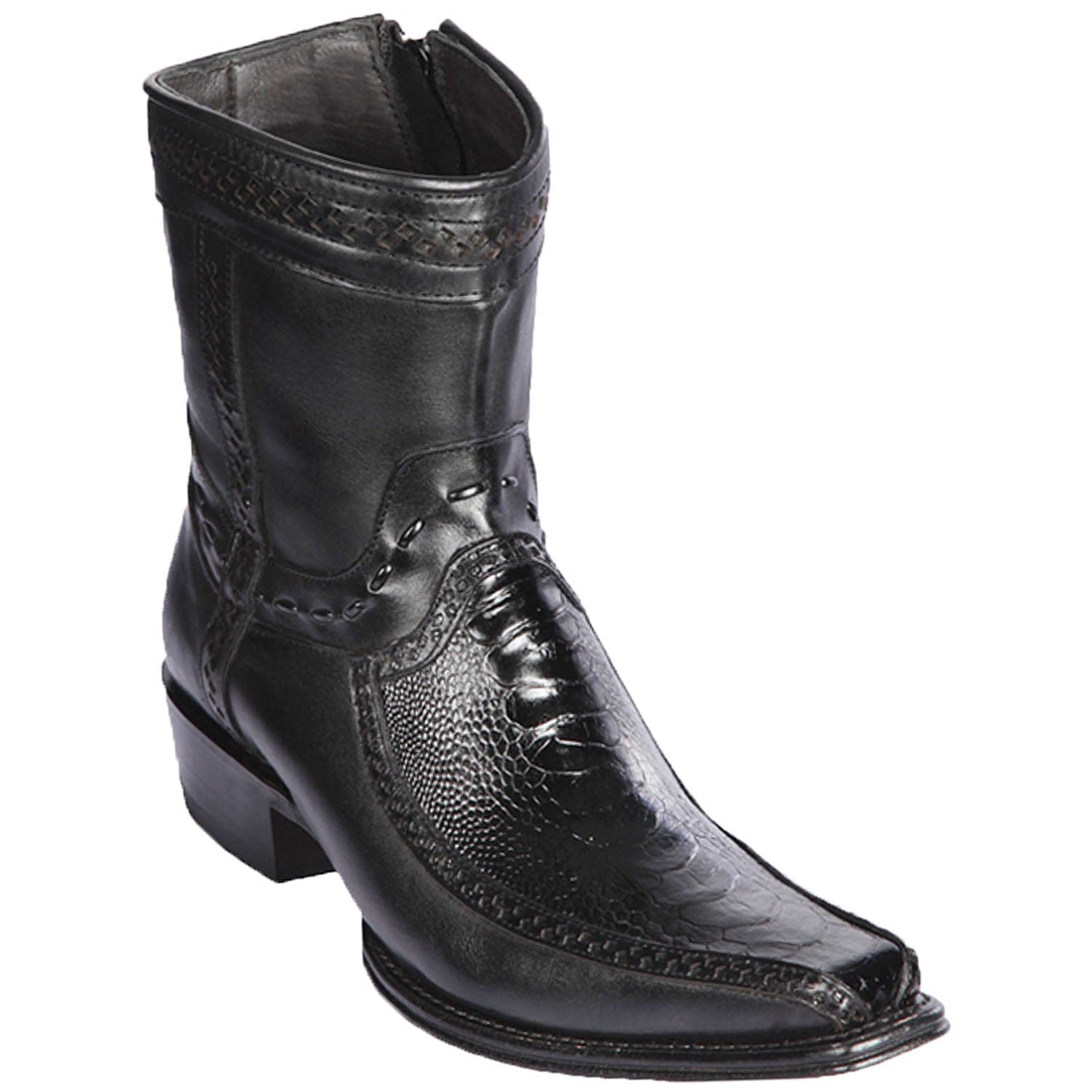 Men's Genuine Ostrich Leg and Deer Skin European Square Toe Short Boots With Zipper Black Color - Los Altos Boots