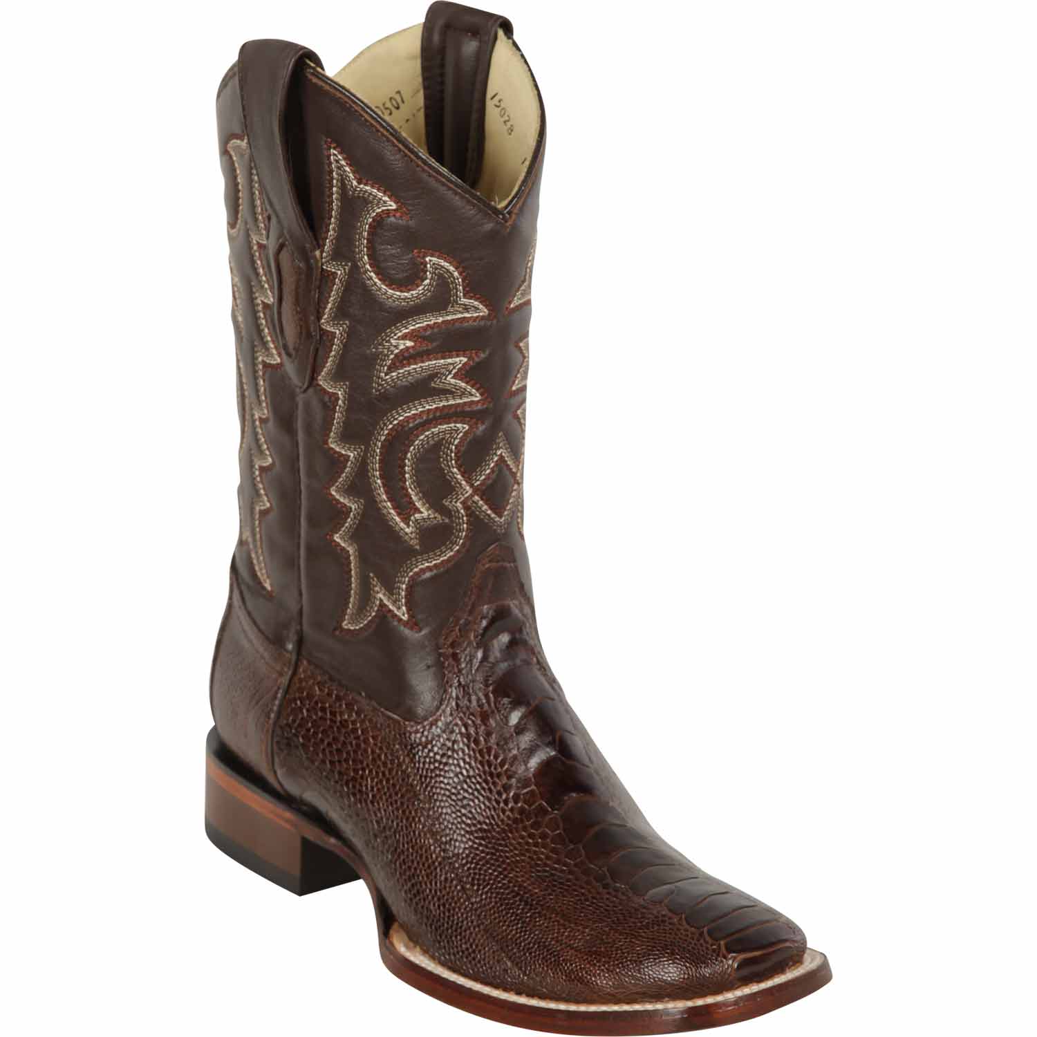 Western Genuine Ostrich Leg Skin Rodeo WIde Square Toe Boots Brown Color - Los Altos Boots - Side View 