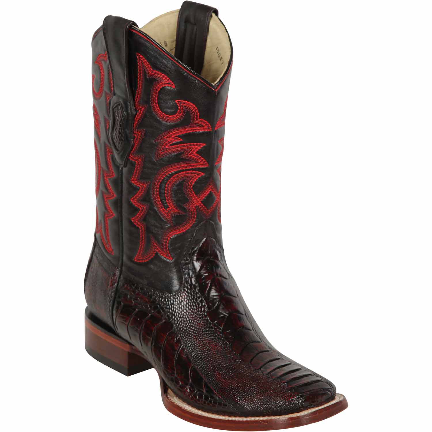 Western Genuine Ostrich Leg Skin Rodeo Wide Square Toe Boots Black Cherry Color - Los Altos Boots - Side View 
