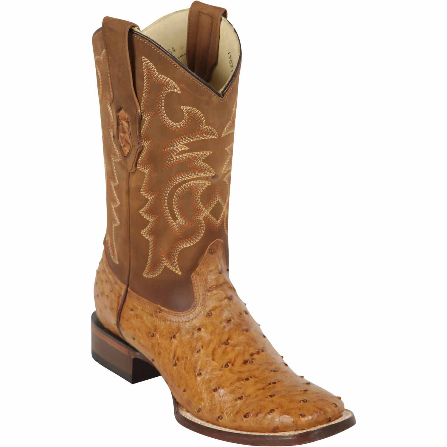 Western Genuine Ostrich Skin Rodeo Wide Square Toe Boots Amber Color - Los Altos Boots - Side View 