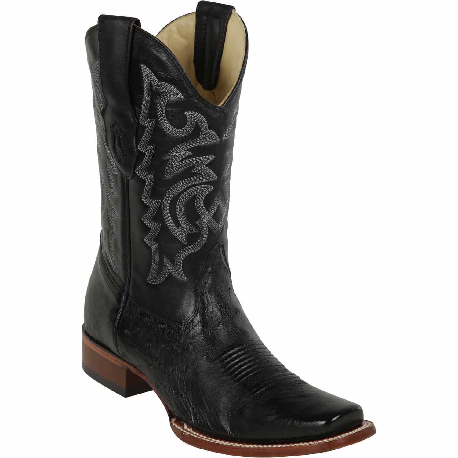 Men's Genuine Smooth ostrich Rodeo Toe boots Black Color - Los ALtos Boots - Side View 