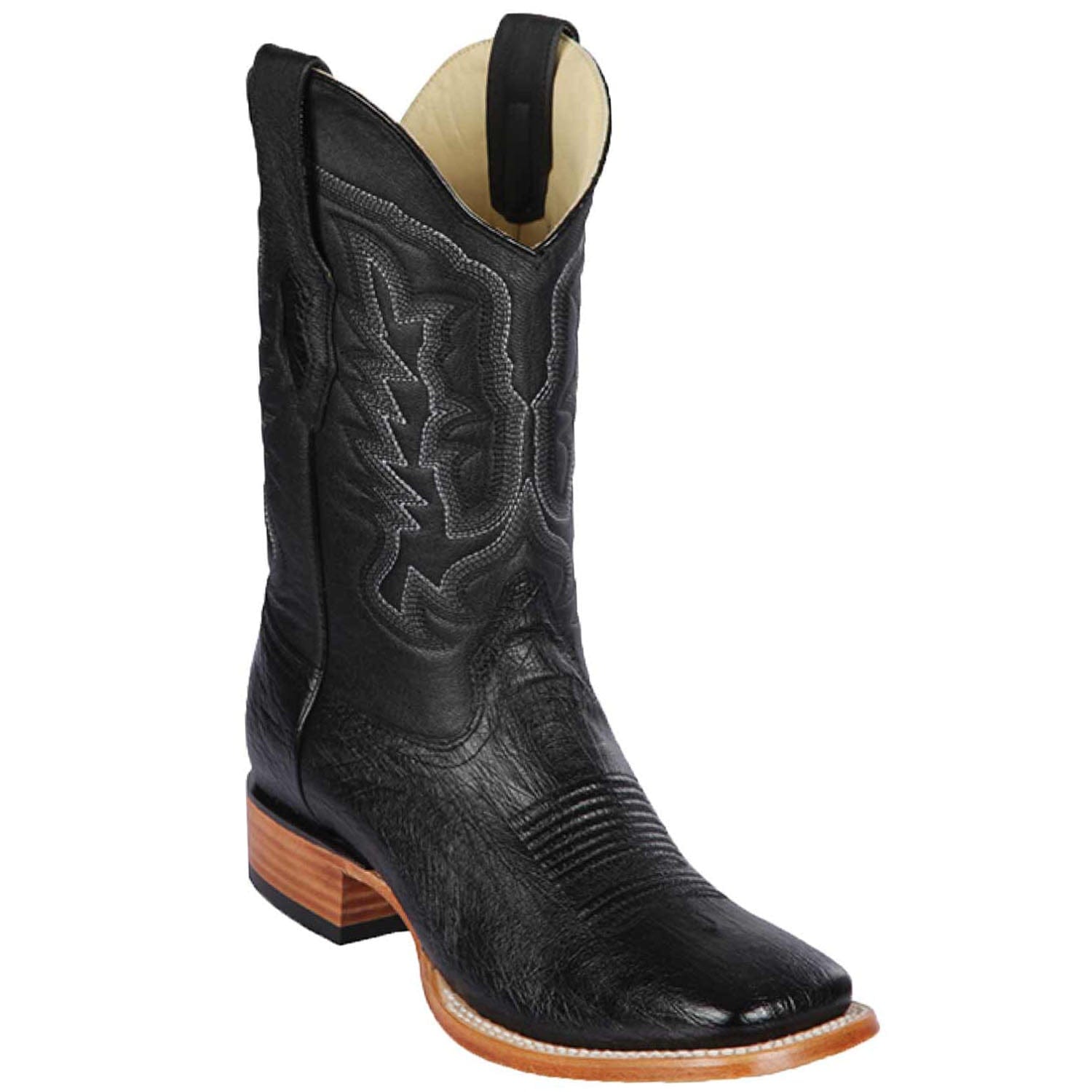 Western Genuine Smooth Ostrich Skin Rodeo Wide Square Toe Boots Black Color - Los Altos Boots - Side View 