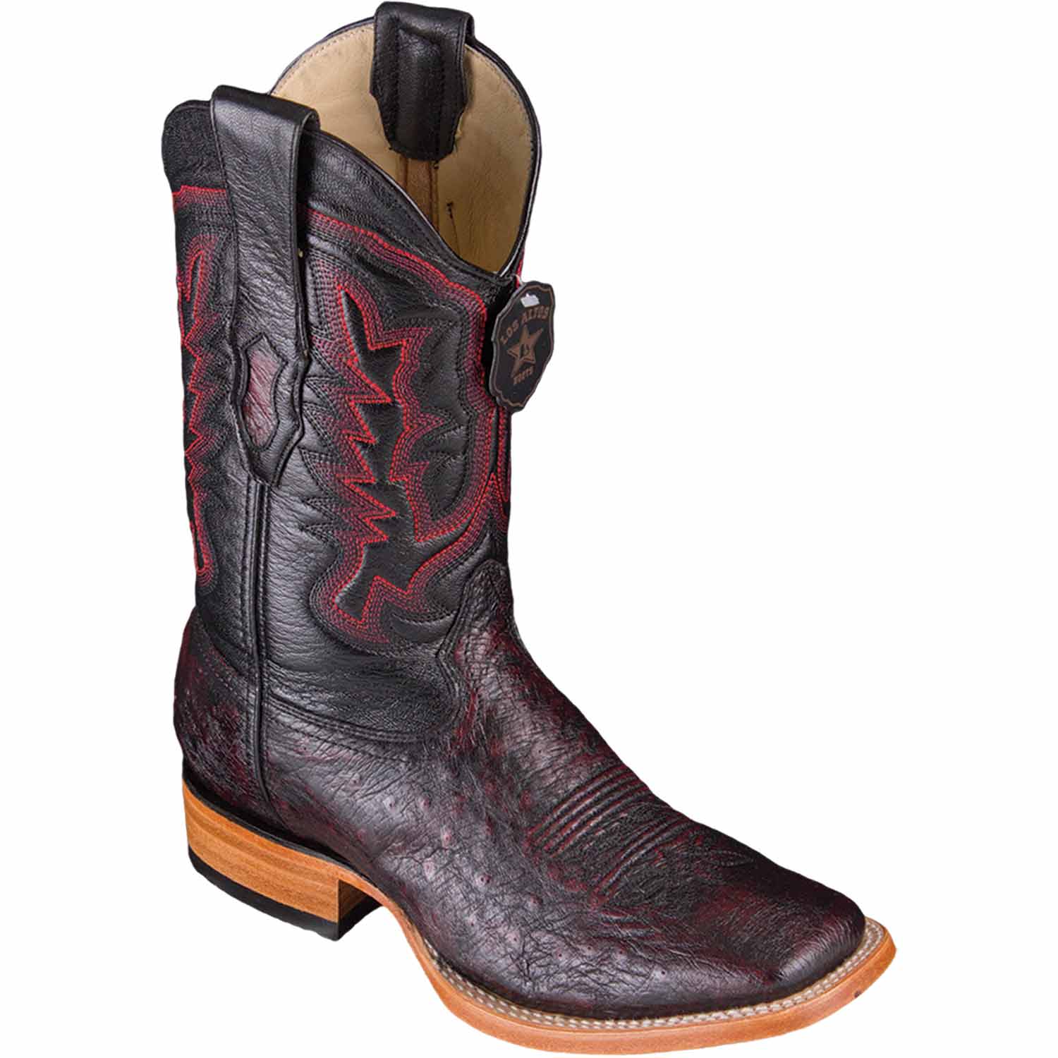 Western Genuine Smooth Ostrich Skin Rodeo Wide Square Toe Boots Black Cherry Color - Los Altos Boots - Side View 