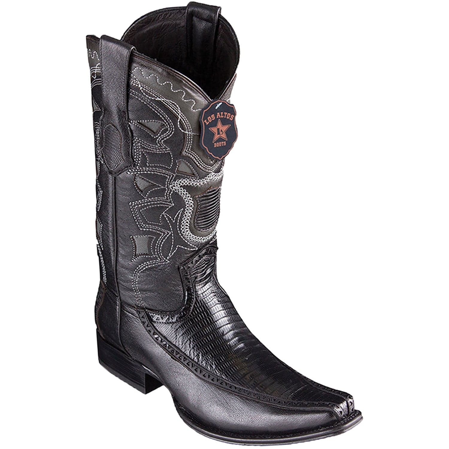 Men's Genuine Teju Lizard  and Deer Skin European Square Toe Boots Black Color - Los Altos Boots - Side View 