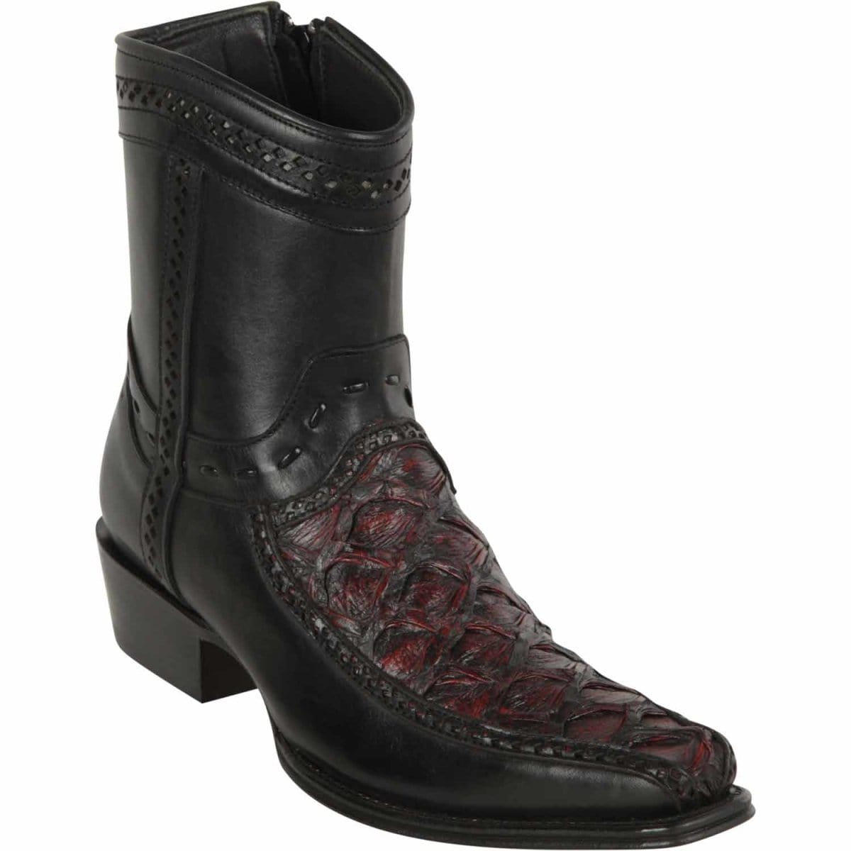 Men's Genuine Piraruccu Skin European Square Toe Short Boots With Zipper Black Cherry Color - Los Altos Boots