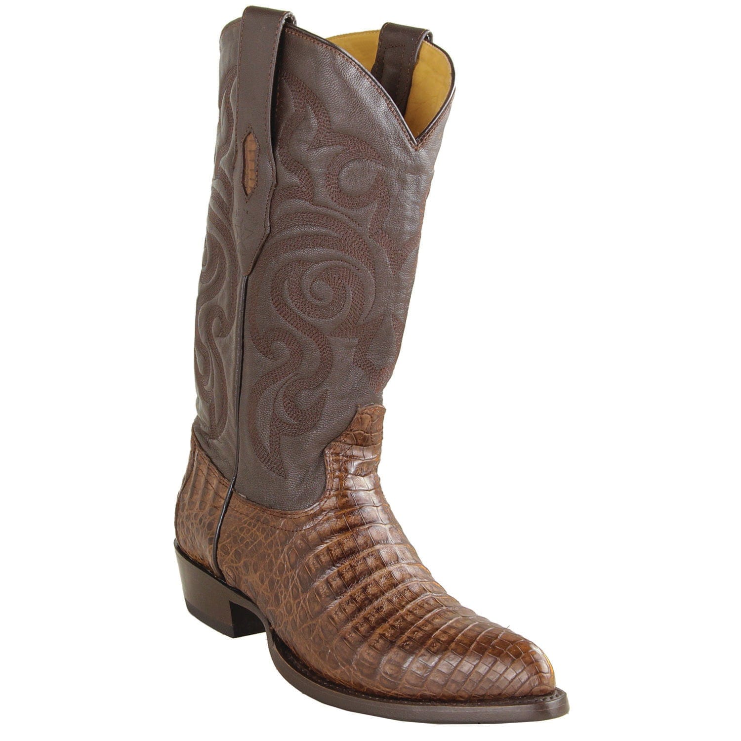 Western Genuine Caiman Belly Skin J Toe Boots Brown Color - Los Altos Boots - Side View 