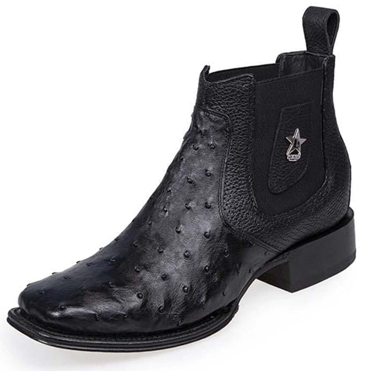 Western Genuine Ostrich Skin Wide Square Toe Ankle Boots Black Color - Los ALtos Boots - Side View 