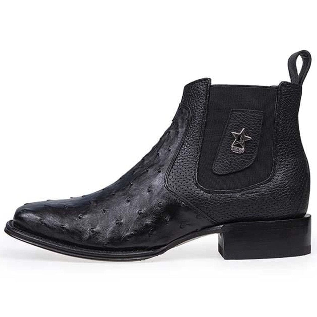 Western Genuine Ostrich Skin Wide Square Toe Ankle Boots Black Color - Los ALtos Boots - Side View 
