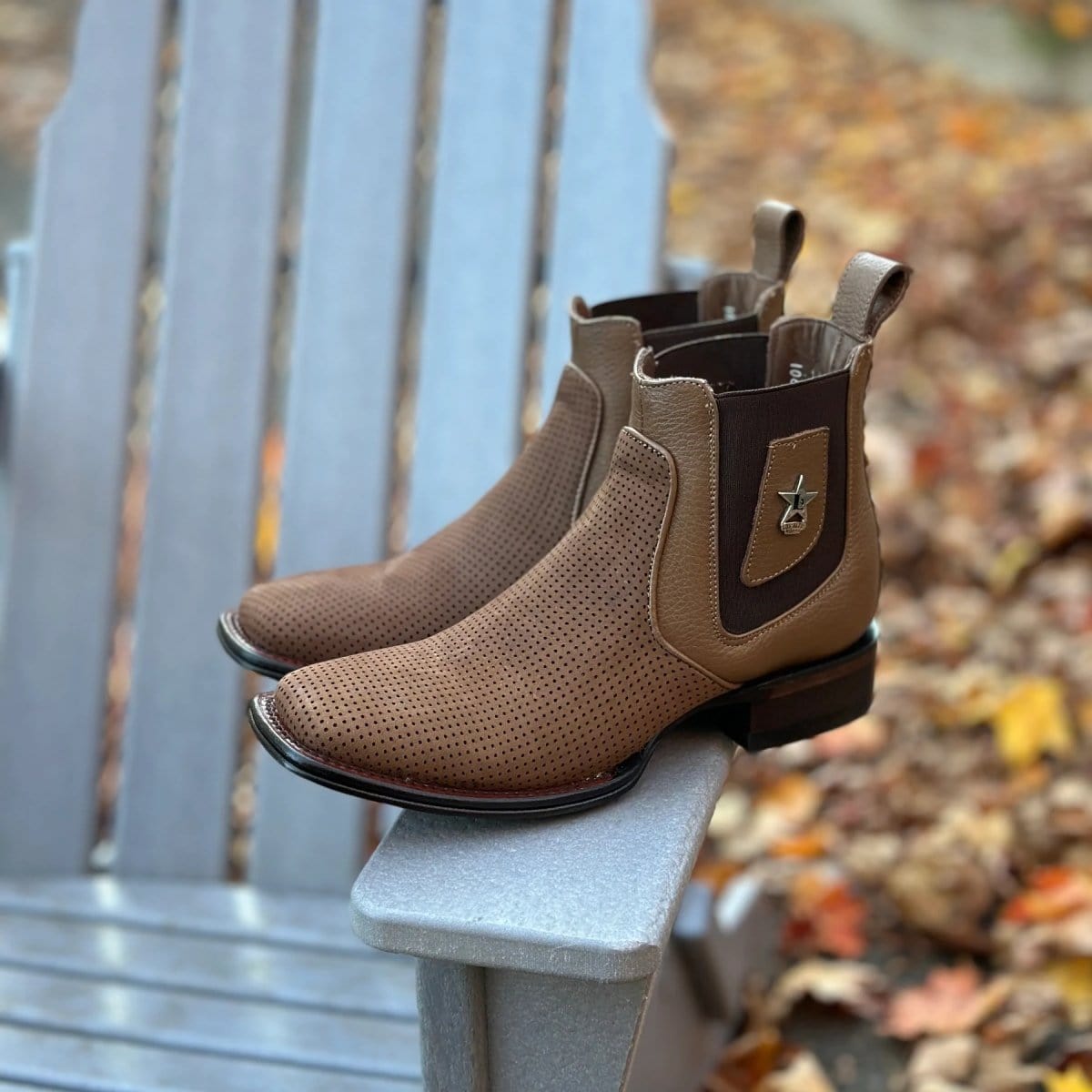 Western GFenuine Perforated Nobuck Leather Wide Square Toe Ankle Boots Taupe Color - Los Altos Boots - Pair View 