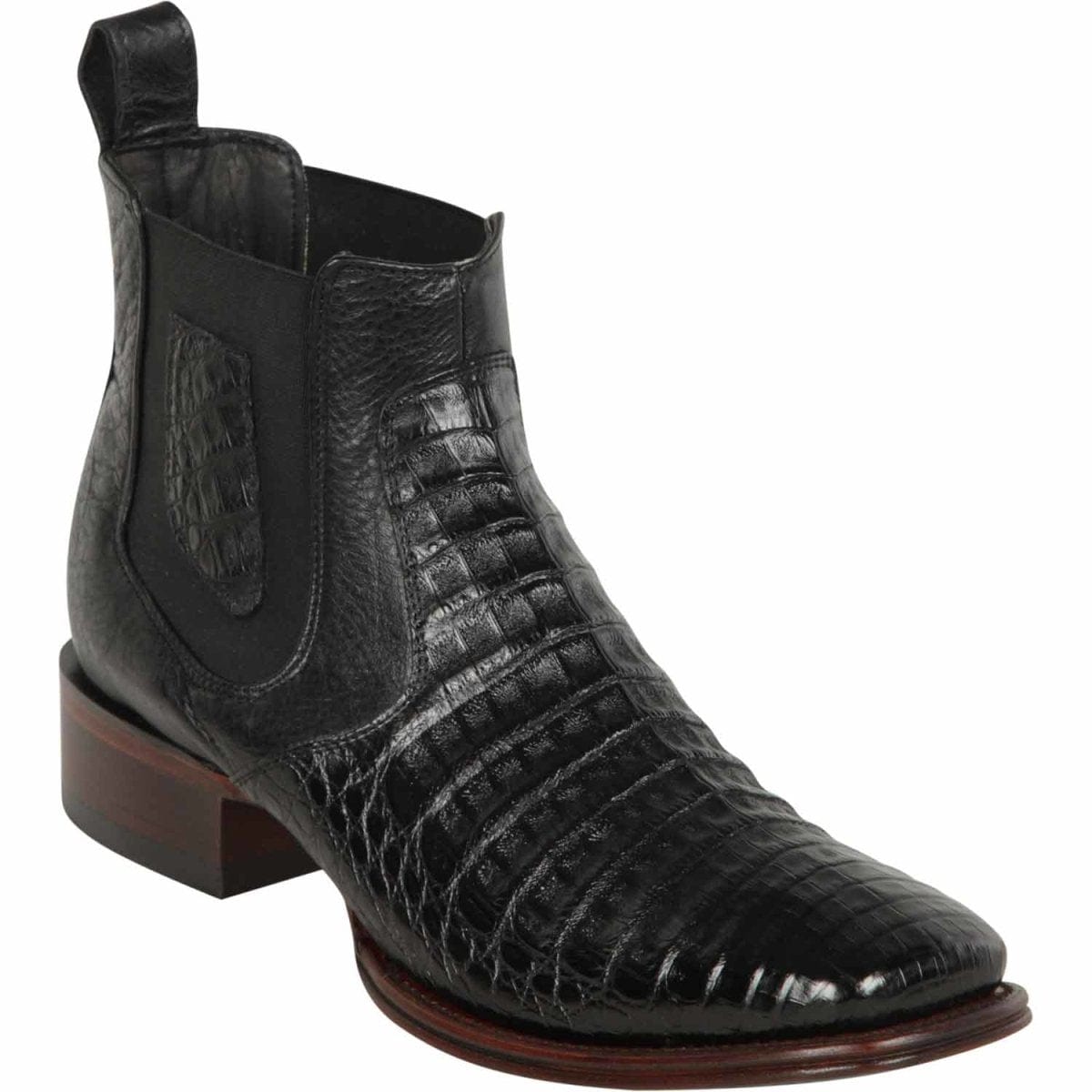 Men's Genuine Caiman Belly Skin Wide Square Toe Ankle Boots Black Color - Los Altos Boots - Side View