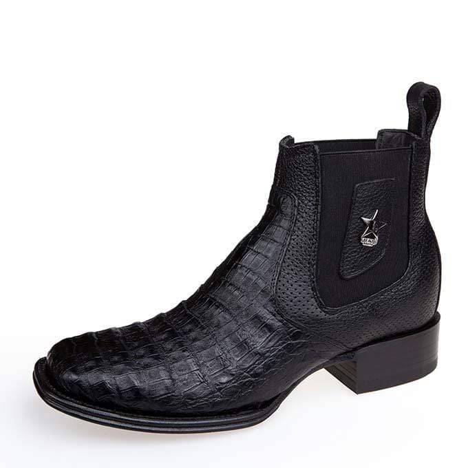 Men's Genuine Caiman Belly Skin Wide Square Toe Ankle Boots Black Color - Los Altos Boots - Side View