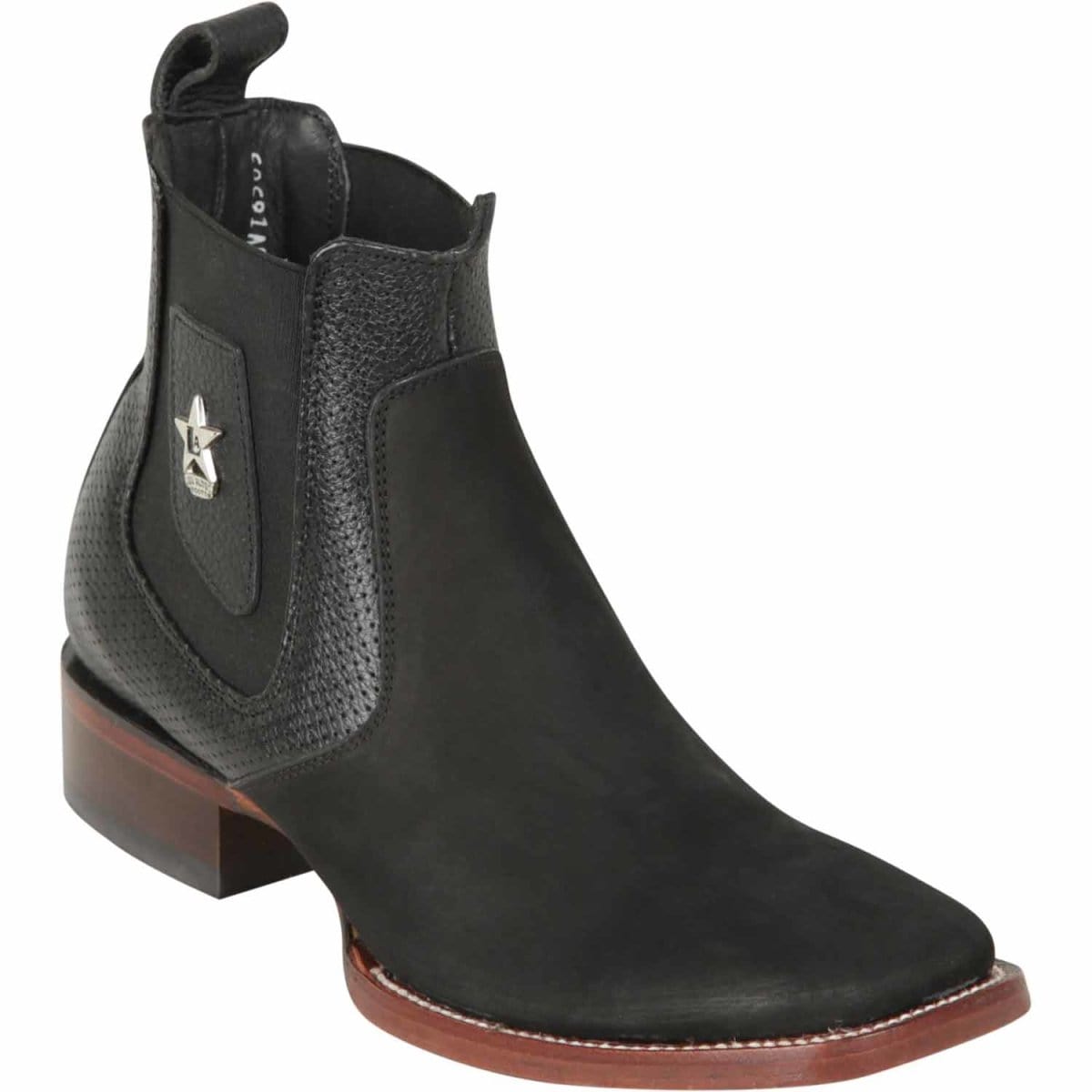 Western Genuine Nobuck leather Wide Square Toe Ankle Boots Black Color - Los Altos Boots - Side View