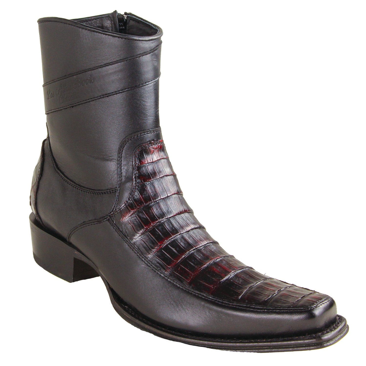 Los Altos Boots Boots Men's Genuine Caiman Belly Skin and Leather European Square Toe Short Boots With Zipper Black Cherry Color - Los Altos Boots
