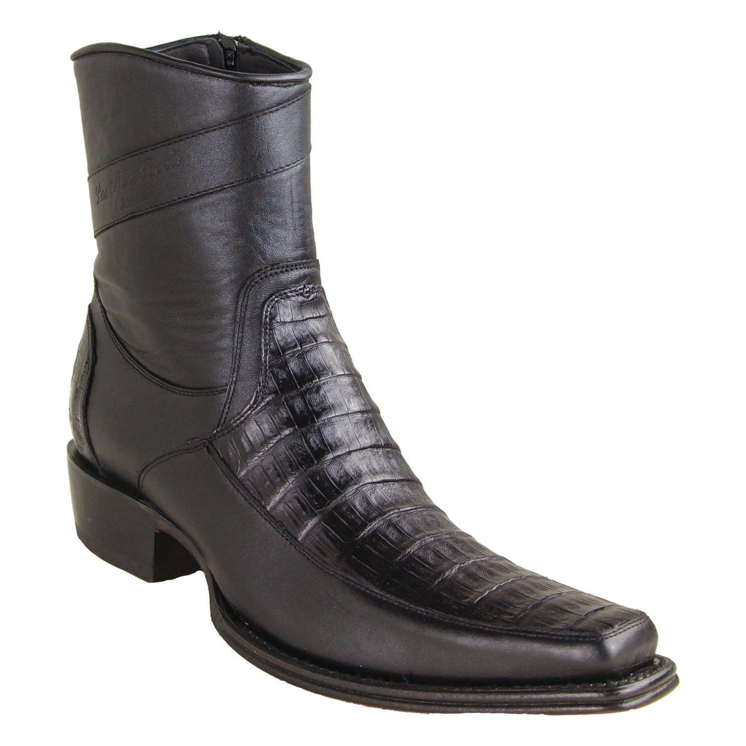 Los Altos Boots Boots Men's Genuine Caiman Belly Skin and Leather European Square Toe Short Boots With Zipper Black Color - Los Altos Boots