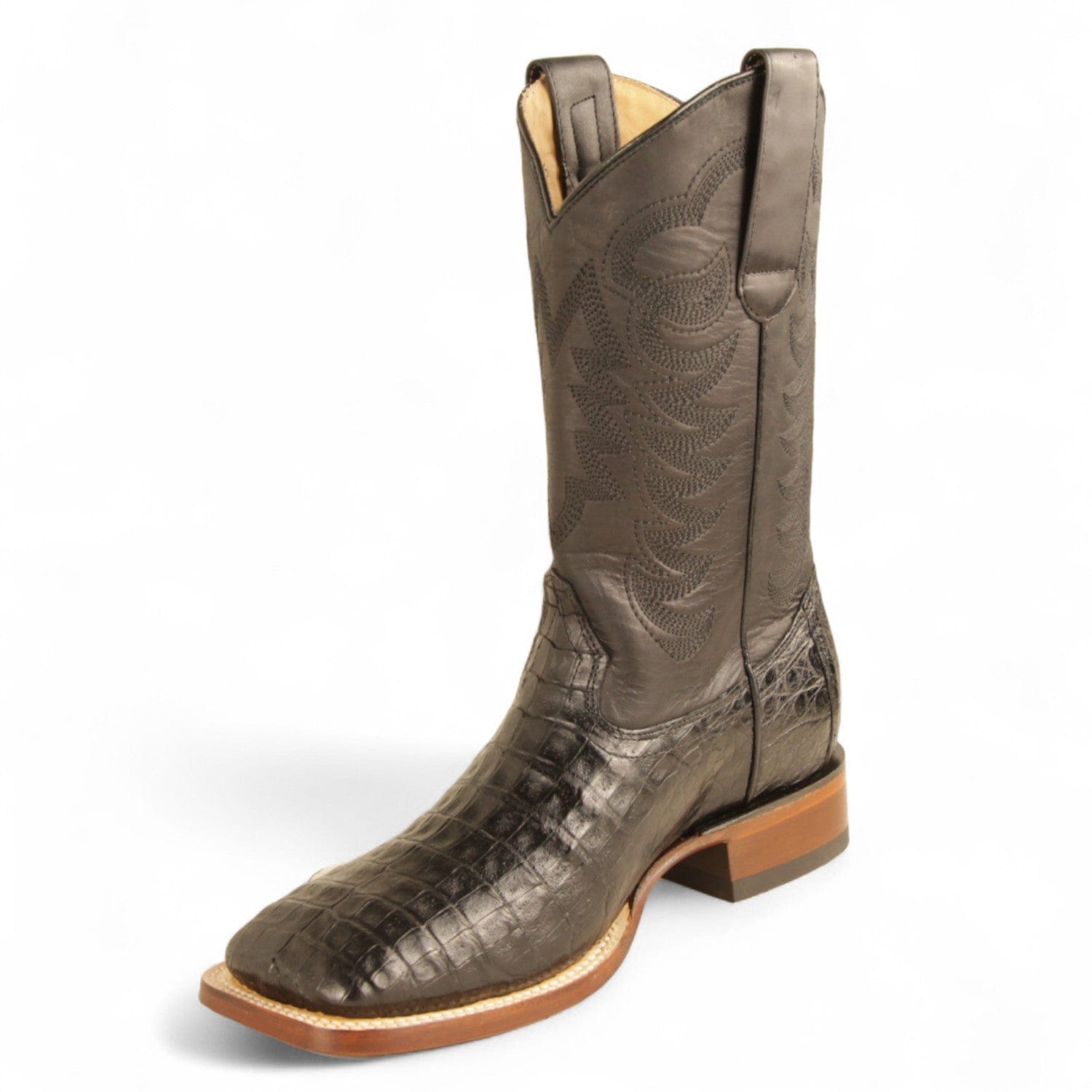 Los Altos Boots Boots Men's Genuine Caiman Belly Skin Texas Wide Square Toe Boots Black Color - Los Altos Boots