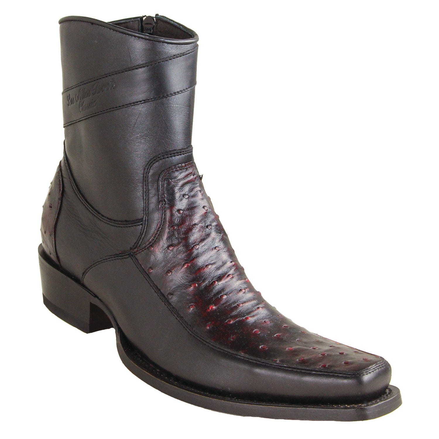 Los Altos Boots Boots Men's Genuine Ostrich Skin and Leather European Square Toe Short Boots With Zipper Black Cherry Color - Los Altos Boots