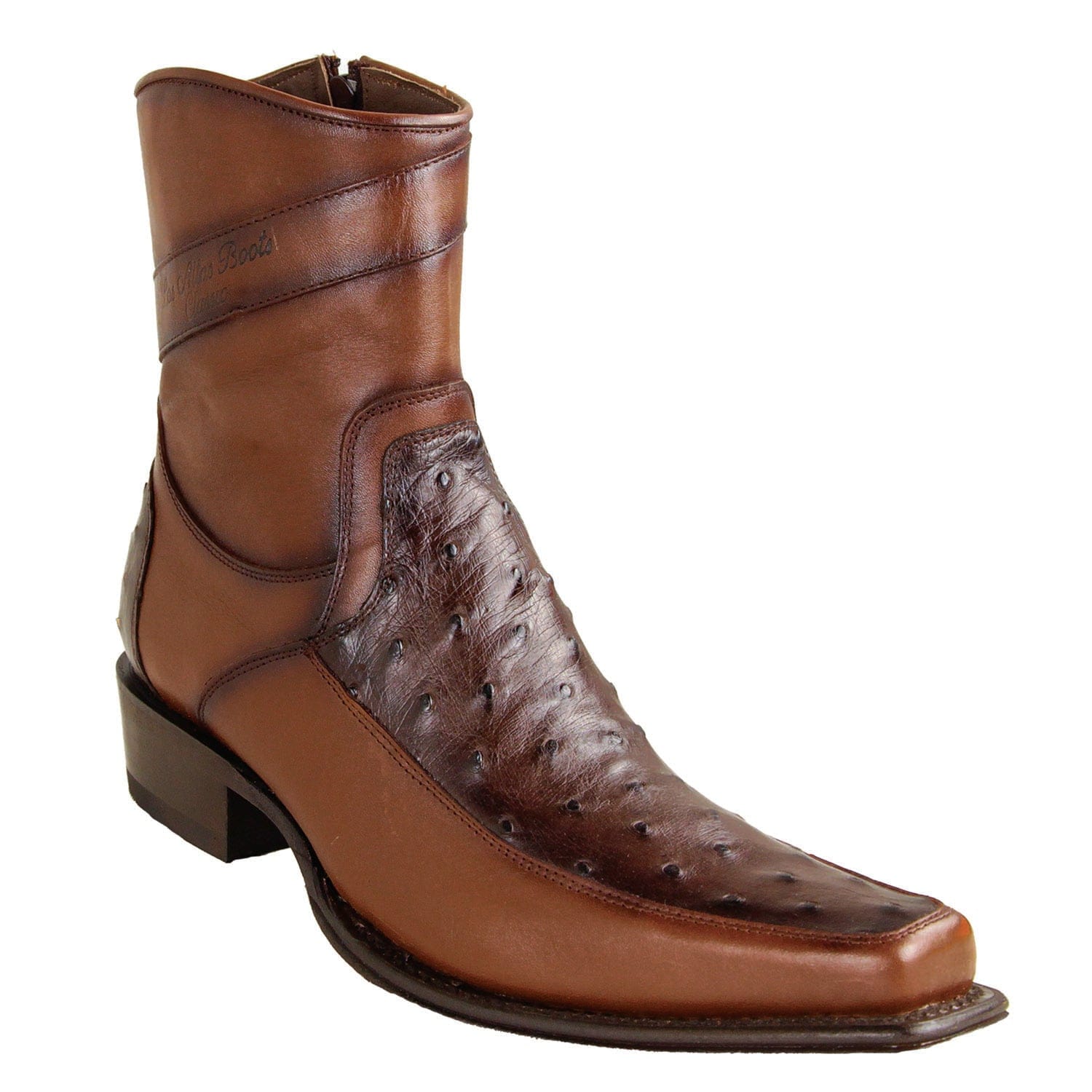 Los Altos Boots Boots Men's Genuine Ostrich Skin and Leather European Square Toe Short Boots With Zipper Faded Brown Color - Los Altos Boots