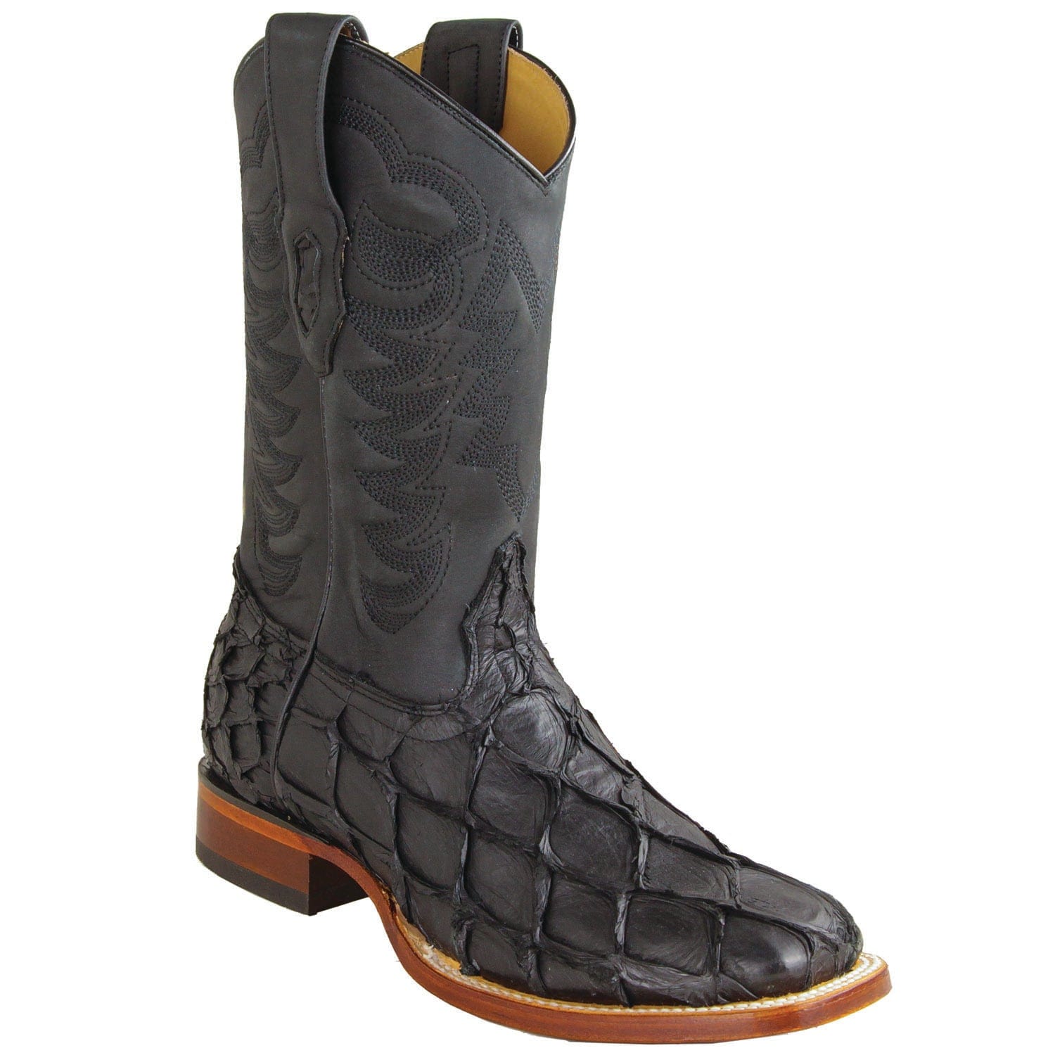 Los Altos Boots Boots Men's Genuine Piraruccu Skin Rodeo Wide Square Toe Boots Matte Black Color - Los Altos Boots