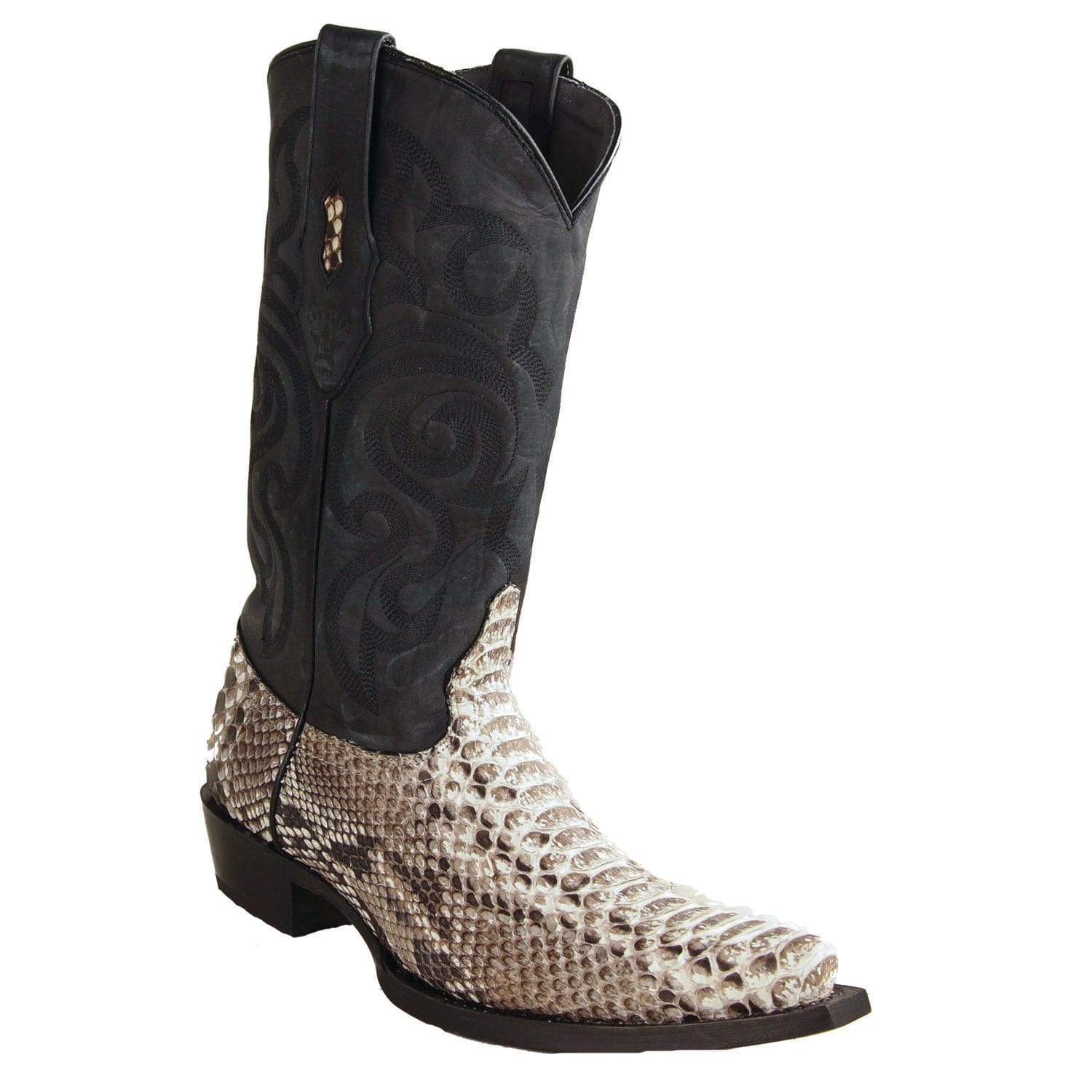 Western Genuine Python Skin SNip Toe Boots Nobuck Natural Color - Los Altos Boots - Side View 