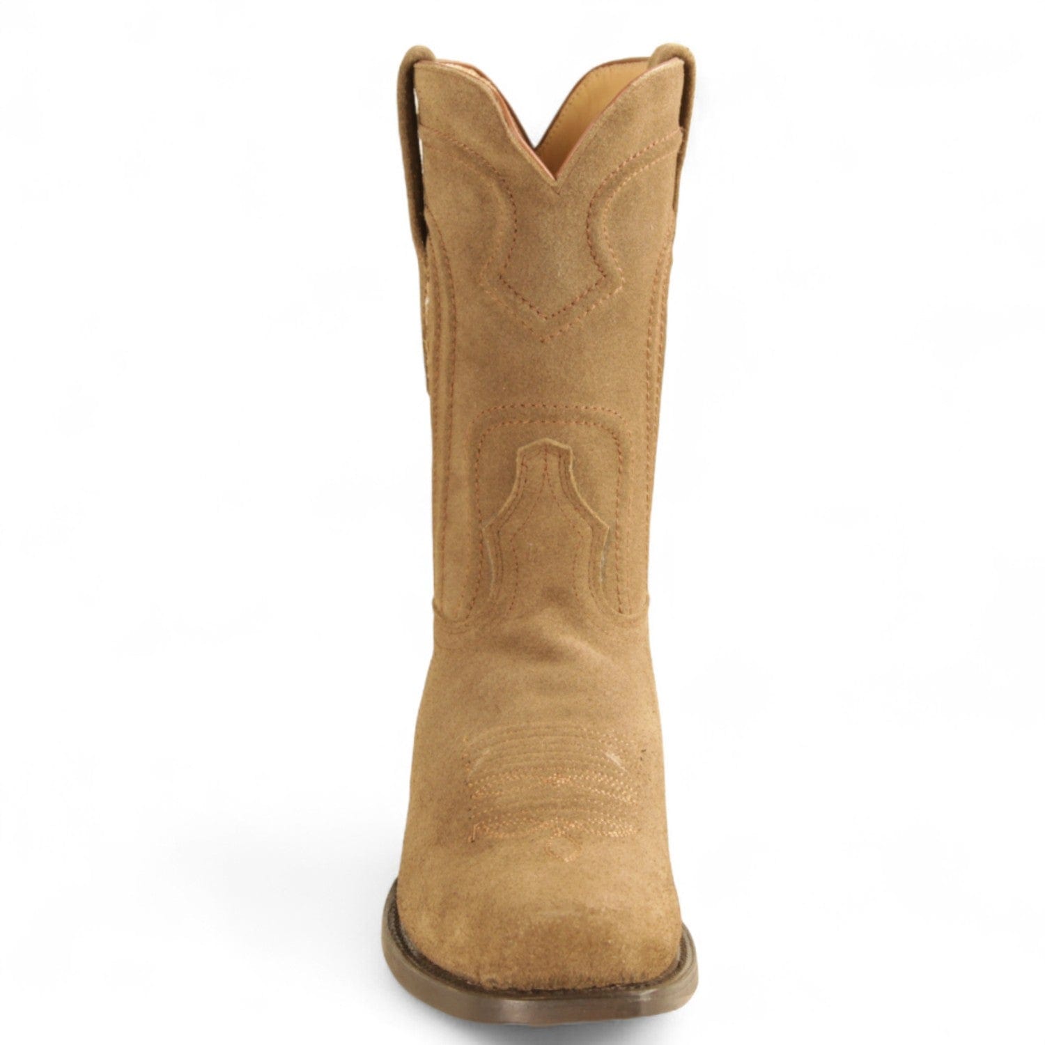 Western Genuine Suede Leather Rodeo Wide Square Toe Boots Antique Saddle Color - Los Altos Boots - Front View 