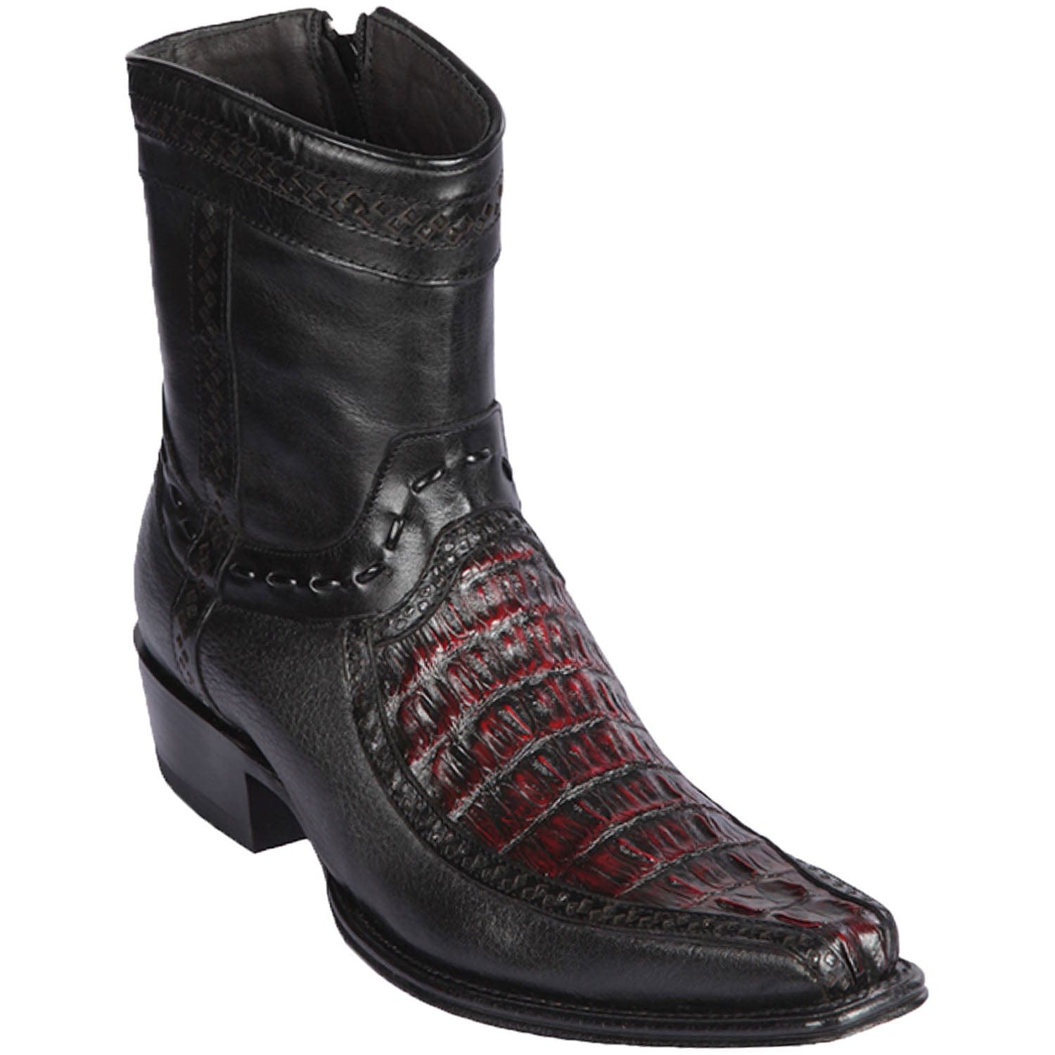Men's Genuine Caiman Tail and Deer Skin European Square Toe Short Boots With Zipper Black Cherry Color - Los Altos Boots