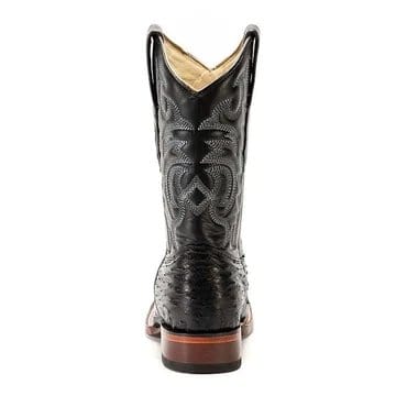Western Genuine Ostrich Skin Rodeo Wide Square Toe Boots Black Color - Los Altos Boots - Back View 