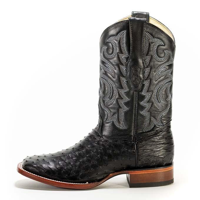 Western Genuine Ostrich Skin Rodeo Wide Square Toe Boots Black Color - Los Altos Boots - Left Side View 