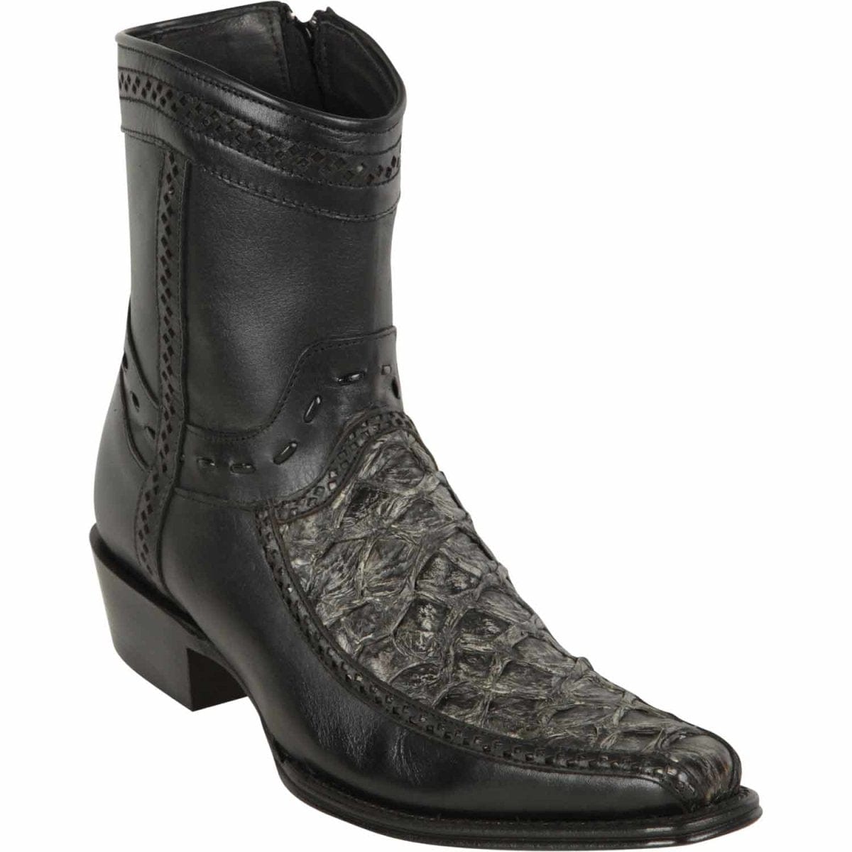 Men's Genuine Piraruccu Skin European Square Toe Short Boots With Zipper Rustic Black Color - Los Altos Boots