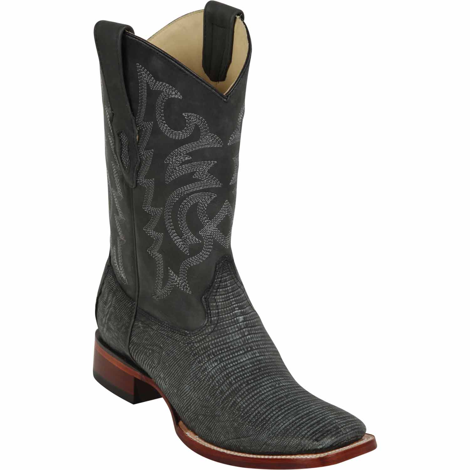 Western Genuine Teju Lizard Skin Rodeo Wide Square Toe Boots BSand Black Color - Los ALtos Boots - Side View 