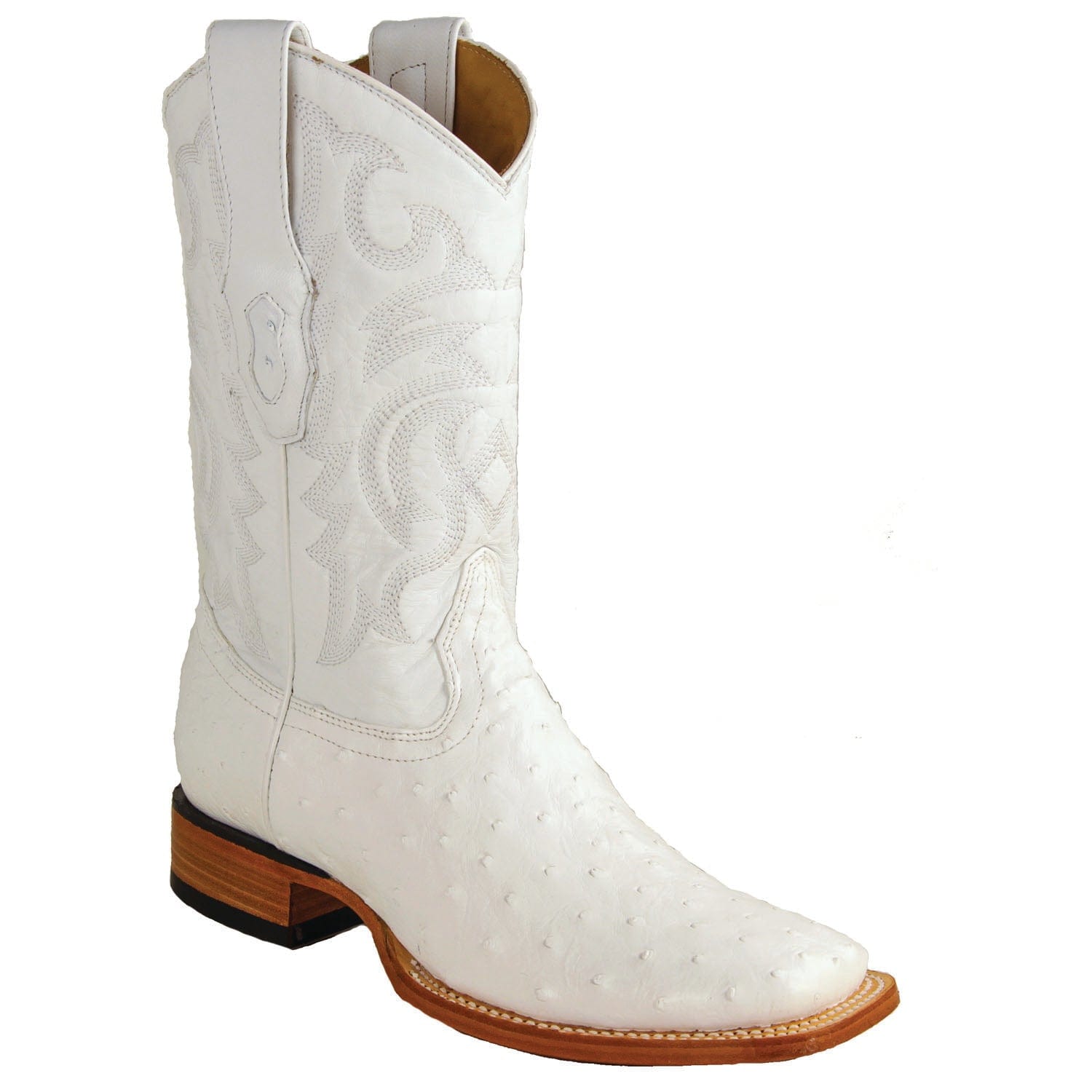 Western Genuine Ostrich Skin Rodeo Wide Square Toe Boots White Color - Los Altos Boots - Side View 