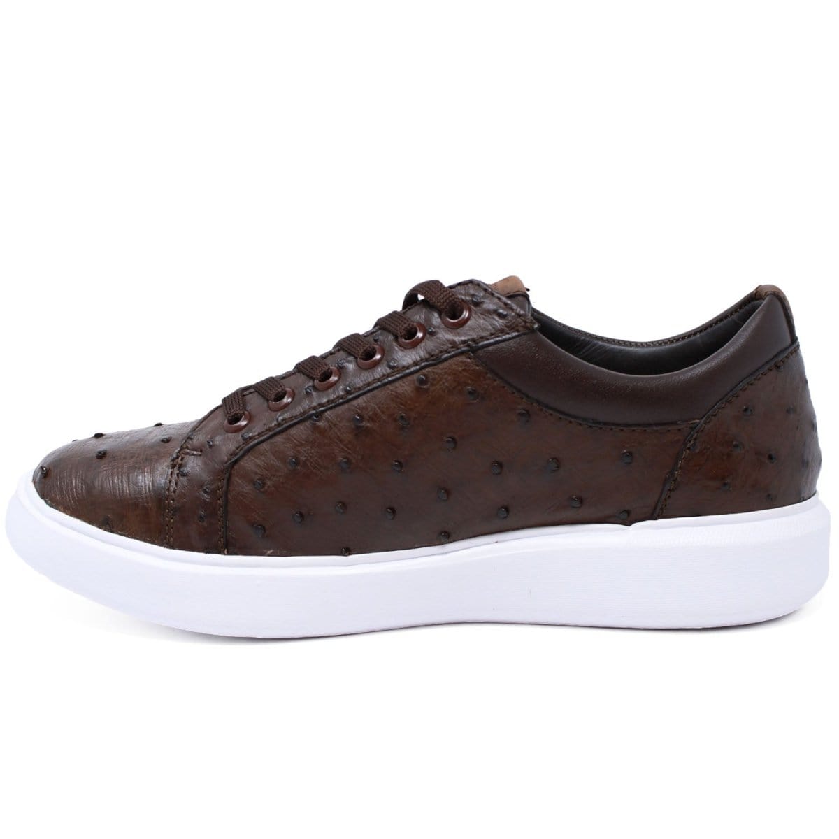 Men's Genuine Ostrich Skin Sneaker Casual Shoe Brown Color - Los Altos Boots - Left Side View