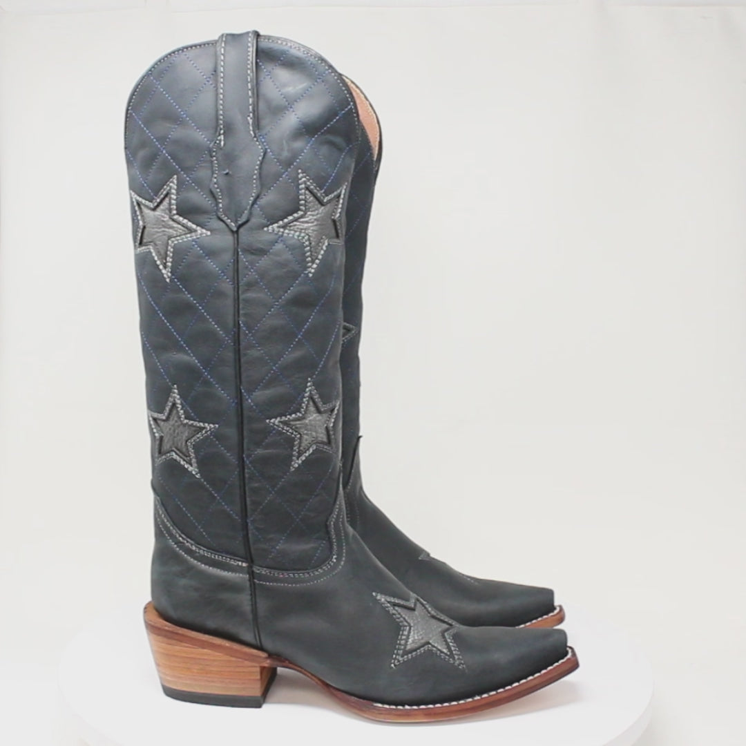 Women's Genuine Leather with Silver Tri-Star Inlay Snip Toe Boots in Savage Blue - Tanner Mark Boots