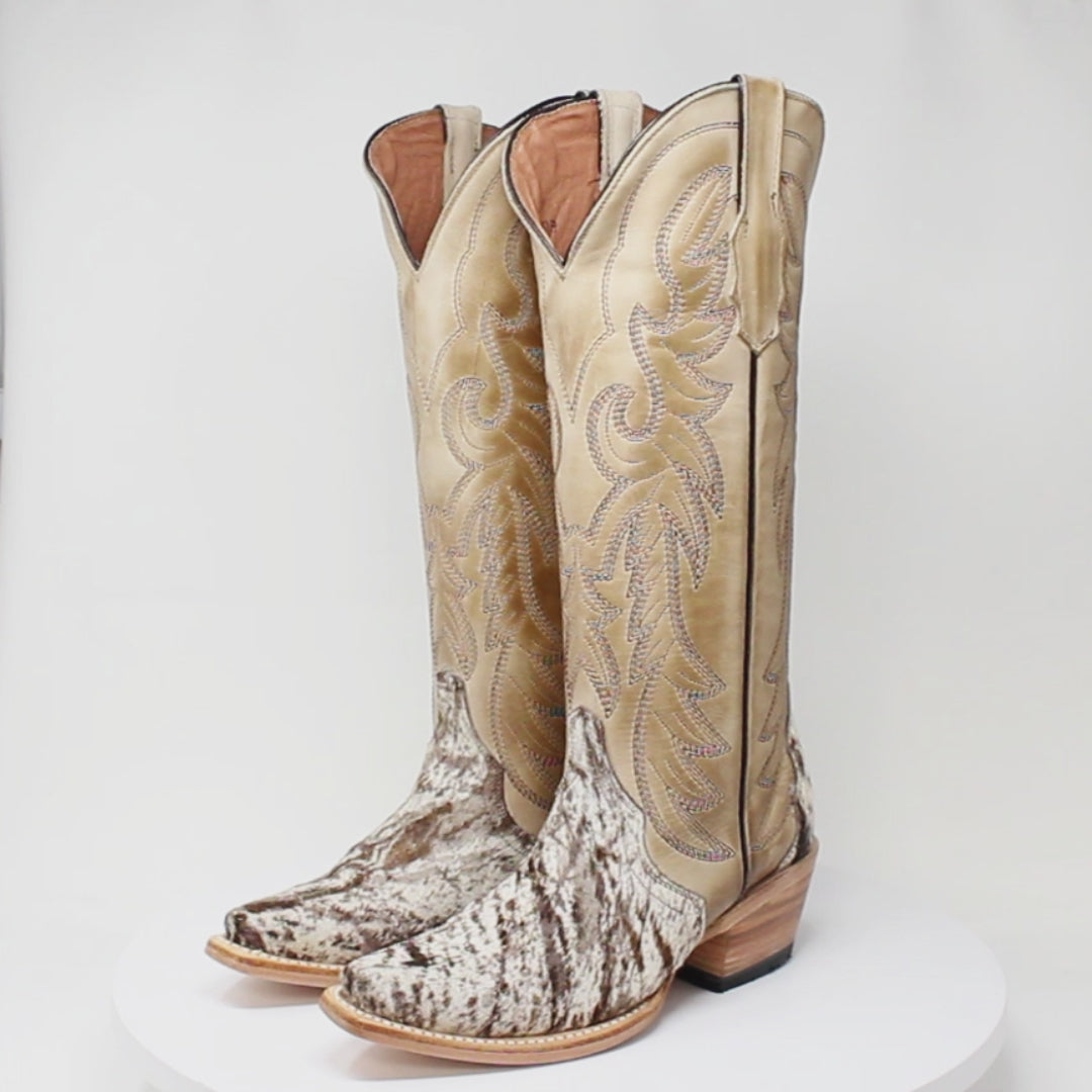 Women's Triad Picasso Hair-On Cowhide Leather Snip Toe Tall Boots in Sand - Tanner Mark Boots