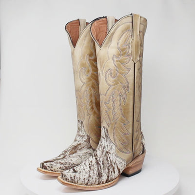 Women's Triad Picasso Hair-On Cowhide Leather Snip Toe Tall Boots in Sand - Tanner Mark Boots