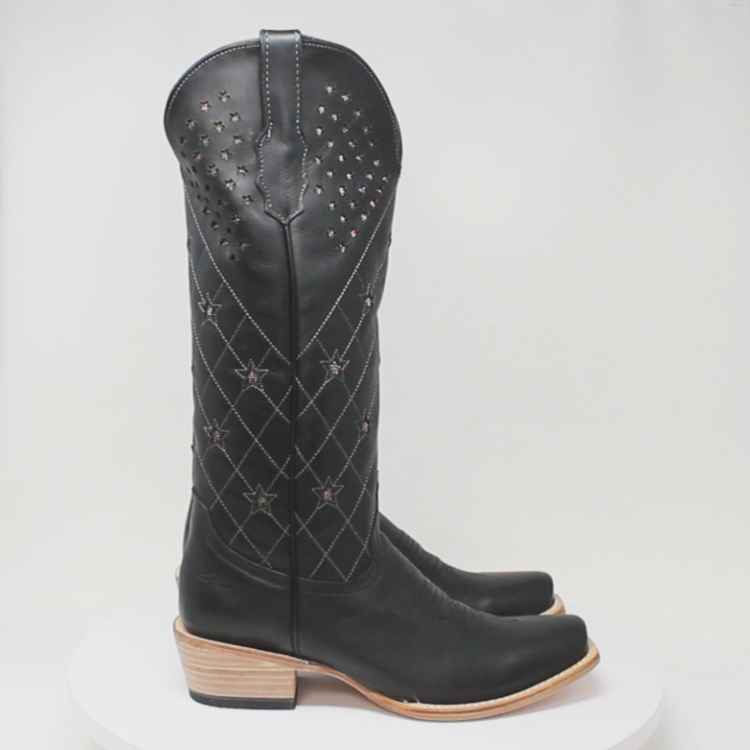 Women's Leather with Diamond Stitch & Star Inlay Square Toe Boots in Black - Tanner Mark Boots
