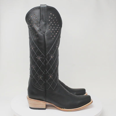 Women's Leather with Diamond Stitch & Star Inlay Square Toe Boots in Black - Tanner Mark Boots
