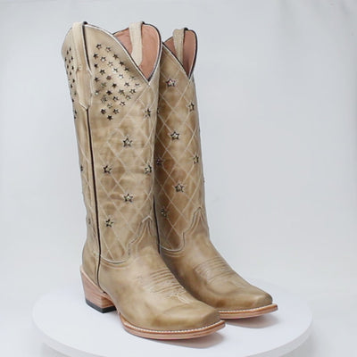 Women's Genuine Leather with Diamond Stitch & Star Inlay Snip Toe Boots in Sand - Tanner Mark Boots