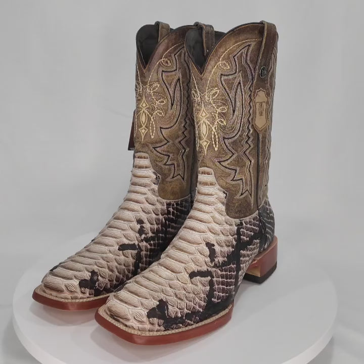 Men's Python Print Square Toe Boots in Natural Brown - Tanner Mark Boots 