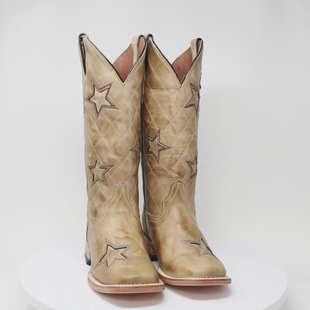 Women's Burnished with Tri-Star Leather Square Toe Boots in Sand - Tanner Mark Boots