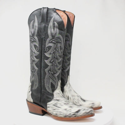 Women's Triad Hair con Cowhide Leather Snip Toe Tall Boots in Black and White - Tanner Mark Boots
