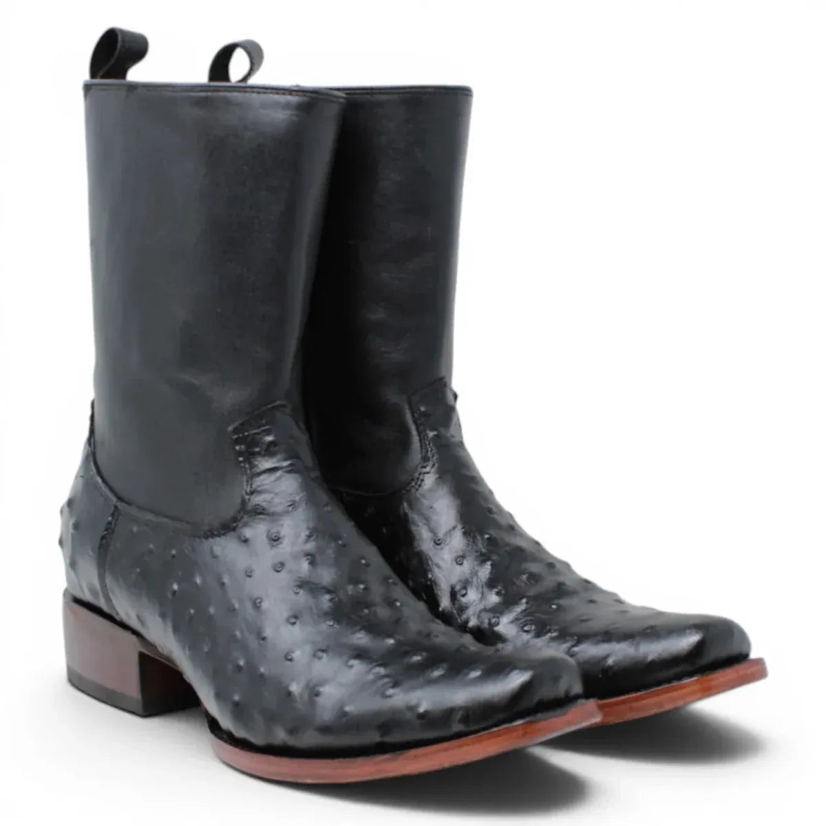 Quincy Men's Ostrich Print Dubai Square Toe Short Boot with Zipper - Black - Pair Side View