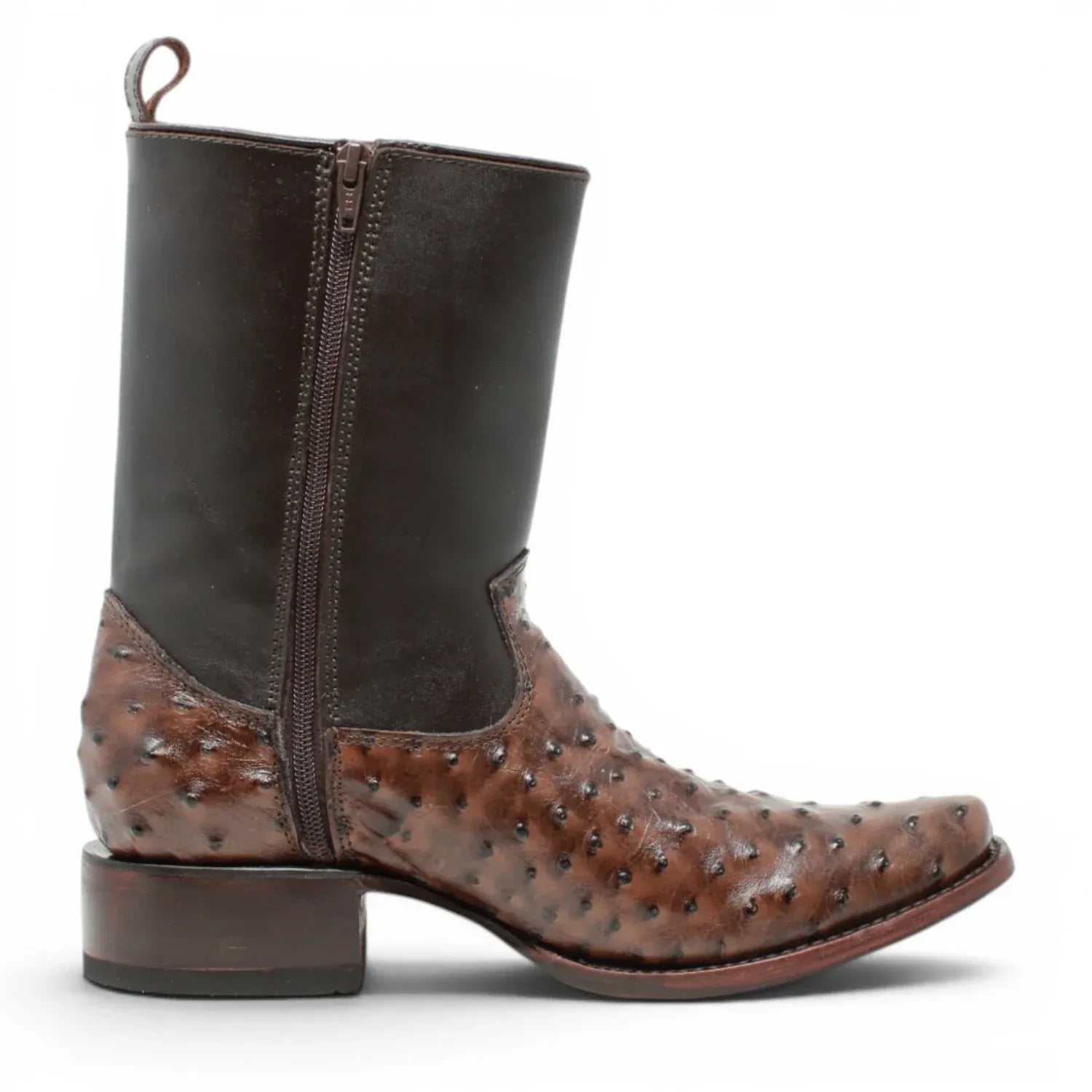 Quincy Men's Ostrich Print Dubai Square Toe Short Boot with Zipper - Brown - Right Side View